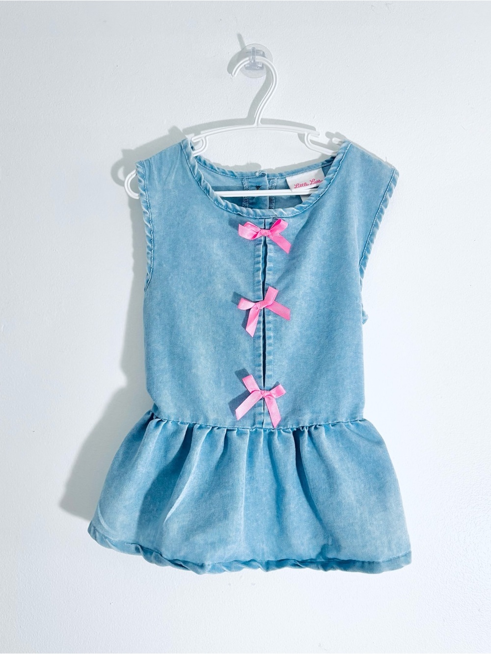 Little Lass Light Wash Denim Chambray Ruffle Bow Peplum Blouse Shirt 6Y Coquette